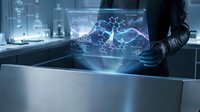 Scientist in black gloves holding transparent digital tablet displaying molecular structure and data visualization in modern laboratory setting for research and development.