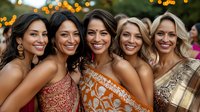 Diverse group of women in elegant formal attire smiling together at outdoor evening celebration with bokeh lights in background. Joyful festive atmosphere.