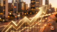 Glowing golden growth arrow rising over blurred city skyline, symbolizing financial success, business growth, and economic uptrend.