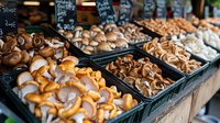 Fresh assorted mushrooms displayed at farmers market stall, including shiitake, oyster, and button varieties arranged in wooden boxes, ready for sale.