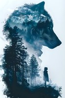Double exposure artistic composition featuring wolf silhouette merged with winter mountain landscape and small human figure, perfect for book covers, posters and mystical wall art designs.