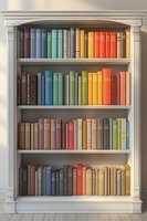 Classic white bookshelf with colorful hardcover books arranged in rainbow spectrum order, featuring ornate column details and arched top shelf. Library interior design.