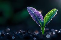 Young plant seedling with morning dew drops sparkling in purple and green colors against dark background with bokeh effect, nature macro photography.