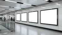 Blank advertising billboards in modern subway station corridor with polished floor and contemporary lighting for commercial campaigns.