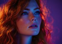 Young woman with red hair illuminated by vibrant neon blue and purple lighting, looking up with parted lips in dramatic portrait against dark background.