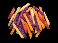 Colorful mixed sweet potato fries pile isolated on transparent background, ready for food packaging, stickers, t-shirt design, clipart, and print on demand use.