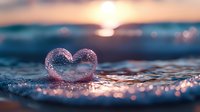 Delicate heart shape formed by water droplets floating on rippled ocean surface at sunset, with soft bokeh lights creating romantic atmosphere.