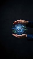 Businessman hands protecting holographic Earth globe with digital interface elements on dark background for technology and environmental concepts.