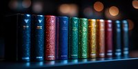 Colorful glittery book spines arranged in rainbow order on dark shelf with soft bokeh background, creating magical library atmosphere for education concepts.