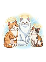 Three adorable cats with golden halos sit together on a soft watercolor background, perfect for pet-themed designs, greeting cards, and children's illustrations.