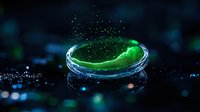 Glowing green liquid splashing in glass petri dish against dark background with bokeh effect and water droplets creating dramatic scientific atmosphere.