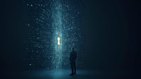 Silhouette of person observing glowing digital matrix pattern with human figure emerging from data stream against dark background, representing artificial intelligence concept.