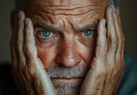 Close up portrait of senior caucasian man with intense blue eyes and gray beard holding face in hands, showing deep wrinkles and weathered skin texture in dramatic lighting.