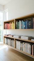 Modern wooden bookshelf with colorful books organized by spine color creating rainbow effect in bright contemporary home library interior design.