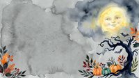 Smiling moon face glowing above gnarled tree with autumn pumpkins and fall foliage in watercolor style illustration for seasonal designs and Halloween projects.