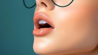 Close up view of glossy coral pink lips with natural makeup on smooth skin against teal background, showing sensual parted mouth expression.