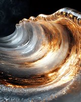 Golden ocean wave with dramatic lighting and water droplets creating dynamic motion against dark background for surfing and marine sports content.