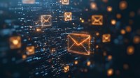 Digital communication concept with glowing orange email icons flowing through blue technology network, representing electronic messaging systems and data transfer.