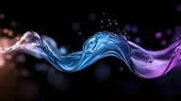 Flowing liquid wave in blue and purple colors with droplets on dark background creates dynamic motion effect for creative design projects.