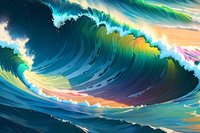 Dramatic ocean wave illustration with vibrant turquoise and emerald colors against sunset sky, perfect for surf culture designs and coastal wall art decor.