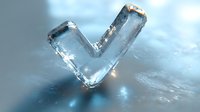 Frozen letter V made of clear ice with frost texture and cold blue winter background, glowing with natural light reflections and water droplets on surface.