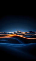 Abstract glowing orange light wave flowing over dark blue wavy surface against black background, creating dynamic futuristic landscape effect.