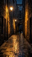 Narrow cobblestone alley at night with glowing street lamps illuminating ancient stone walls and wet pavement creating atmospheric urban scene.