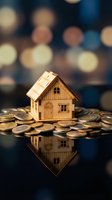 Miniature wooden house model sitting on pile of coins with bokeh lights background representing real estate investment and property savings concept.