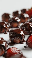 Fresh strawberries dipped in dark chocolate with dripping glaze on white background, macro shot showing rich texture and glossy coating for food marketing.