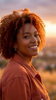 Happy young African American woman with curly hair smiling at golden hour sunset outdoors wearing casual orange shirt for lifestyle photography.