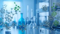 Molecular structures floating in modern laboratory with scientific equipment and blue glassware for chemistry research and pharmaceutical development.