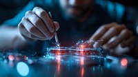 Scientist working with microchip in dark laboratory environment with glowing digital effects and bokeh lights, demonstrating future technology and innovation in electronics.