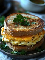 Grilled cheese sandwich with fluffy scrambled eggs and melted cheddar on toasted artisanal bread, garnished with fresh parsley and black pepper.