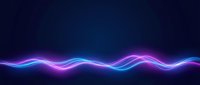 Glowing neon wave with vibrant blue and purple light streaks flowing across dark background, suitable for tech and digital design projects.