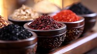 Aromatic dried tea leaves and spices in wooden bowls arranged on shelf, selective focus on red tea blend, natural food ingredients for brewing.