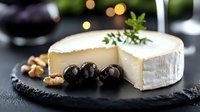 Creamy brie cheese wheel on black slate board garnished with fresh olives, walnuts and herbs, elegant appetizer presentation with soft bokeh lights.