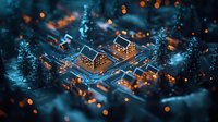 Miniature winter village scene with glowing houses and snowy pine trees at night, creating magical holiday atmosphere with warm lights and bokeh effect.