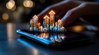 Glowing financial chart arrows rise from smartphone screen with blue light reflection, depicting digital market growth and success in modern technology.
