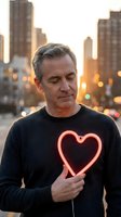 Middle-aged Caucasian man holding glowing neon heart sign in urban city street at sunset. Romantic love concept for Valentine's Day marketing campaigns.