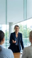 Confident mature businesswoman presenting to colleagues in modern glass office boardroom during corporate meeting.