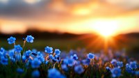 Blue forget-me-not flowers blooming in meadow at golden hour sunrise with warm sunlight and bokeh background for spring nature photography.
