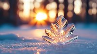 Delicate ice crystal snowflake formation glowing in golden sunset light on fresh snow surface with blurred winter forest background and sun rays creating magical atmosphere.