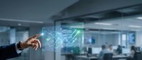Businessman hand touching digital holographic checkmark and upward arrow graph in modern office workspace environment.