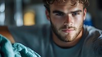 Young bearded Caucasian man with intense gaze and curly hair in casual attire looking directly at camera against blurred background, portraying confidence and authenticity.