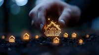 Hands holding glowing house icon surrounded by illuminated miniature homes on dark soil, representing real estate investment, property development, and housing market growth.