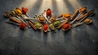 Colorful spices and seasonings arranged in vintage wooden spoons on dark textured surface with dramatic lighting for culinary cooking and food preparation.
