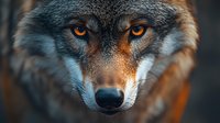 Close up portrait of gray wolf face with intense amber eyes and detailed fur texture against dark background, dramatic lighting highlights facial features.