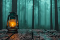 Glowing vintage oil lamp on wooden surface against misty forest background in dark turquoise tones creates mysterious atmospheric scene.