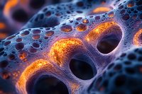 Microscopic view of cellular structure with glowing orange pores and blue-purple membrane, illustrating biological or medical science concept.