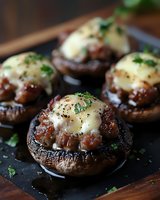 Stuffed portobello mushrooms with melted cheese and herbs on slate board, gourmet appetizer recipe for entertaining and cooking blogs.